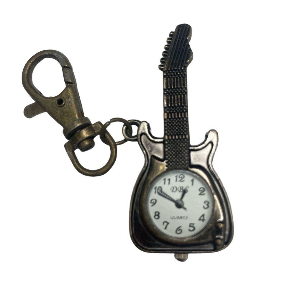 DBS Antique Bronze Guitar Shaped‎ Quartz Keychain  Vintage Novelty Pocket Watch